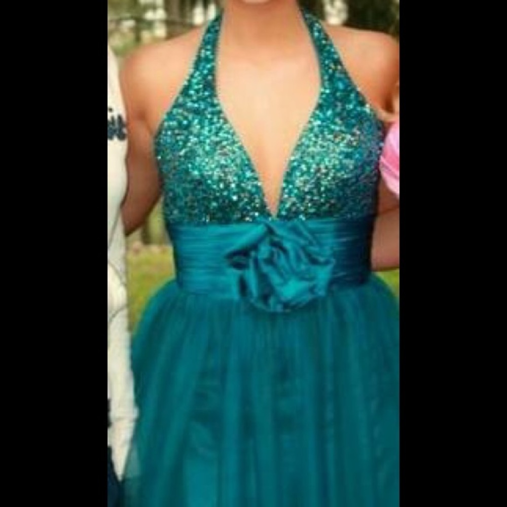 Faviana Teal and Coffee Tule Ballgown