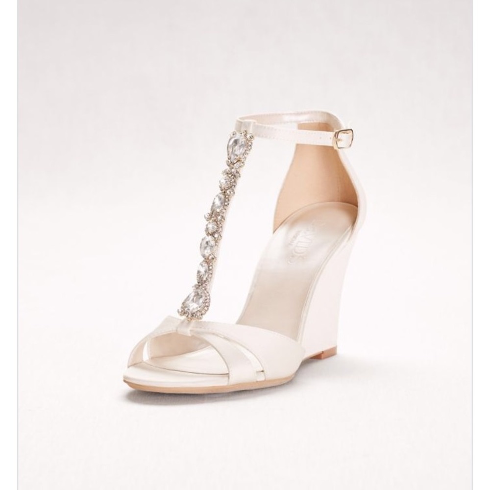 Crystal t-strap satin wedges