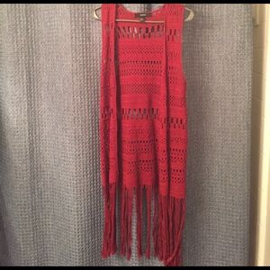 Forever 21 Red Crochet Duster Vest with Fringe (S)