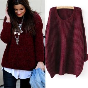 Red Batwing Long Sleeve Loose Knit Sweater