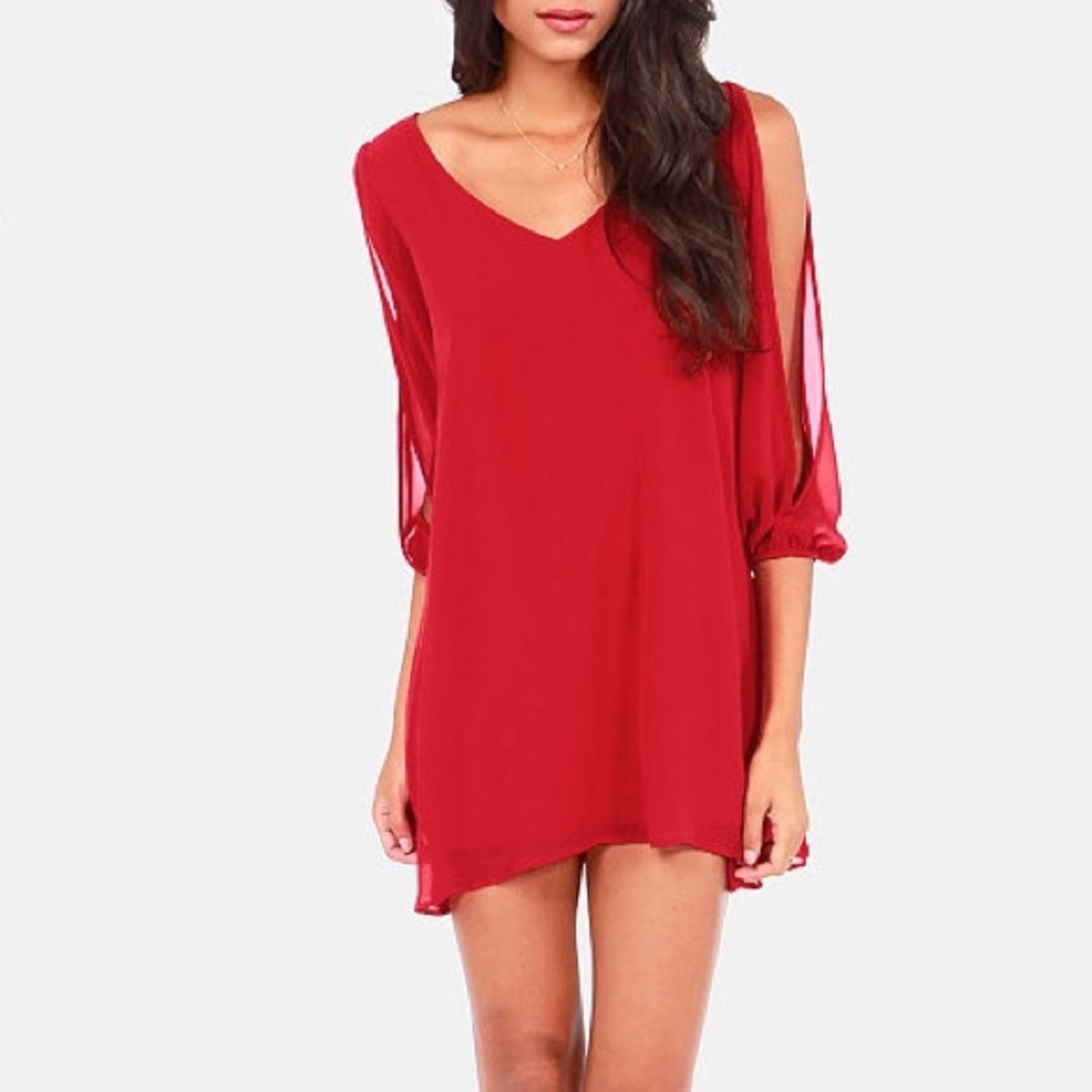 Lulu's Red Shifting Dears Long Sleeve Dress