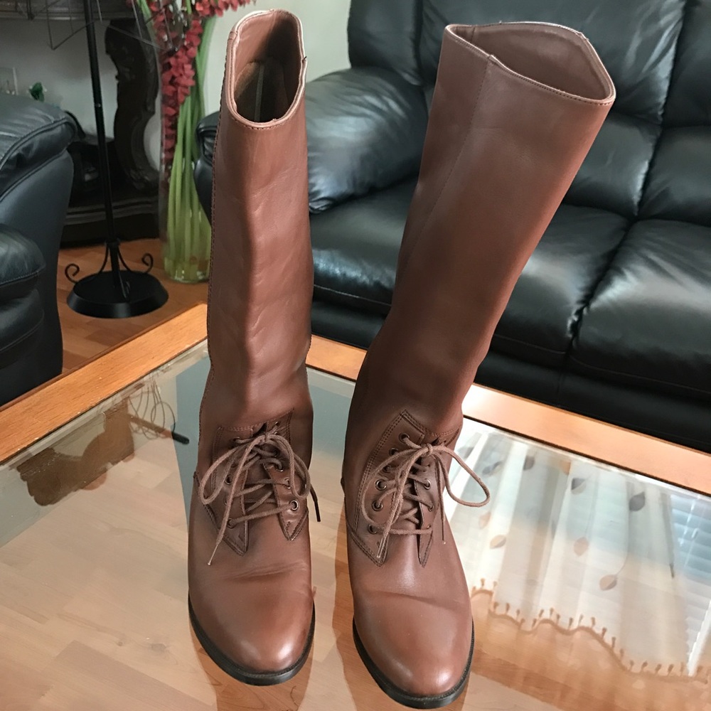 Vintage Genuine Leather Lace Up Riding Boots