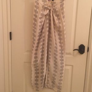 Gray and white tie-on silk palazzo pants