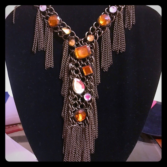 Silver/Bronze necklace with brown/tan rhinestones - Picture 1 of 3
