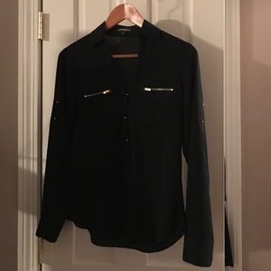 Express black blouse with gold zip and dot buttons