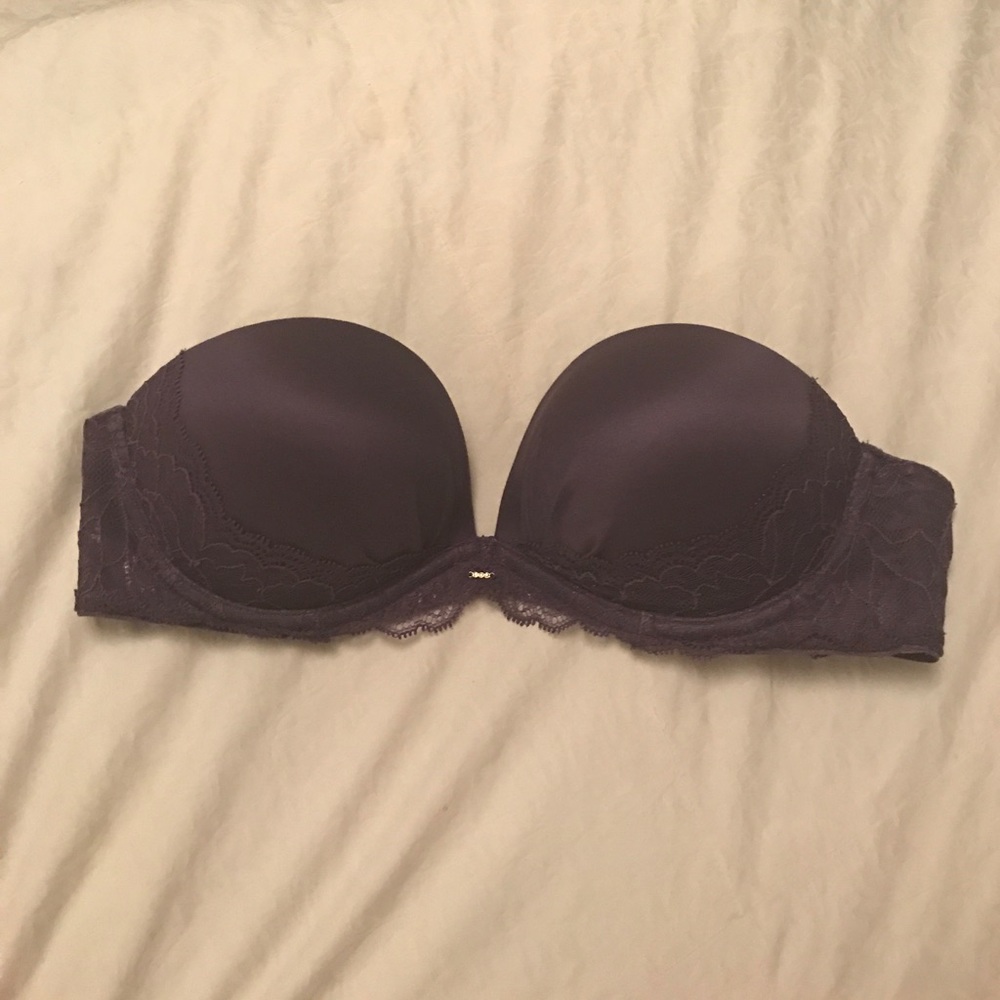 Purple lace strapless bra