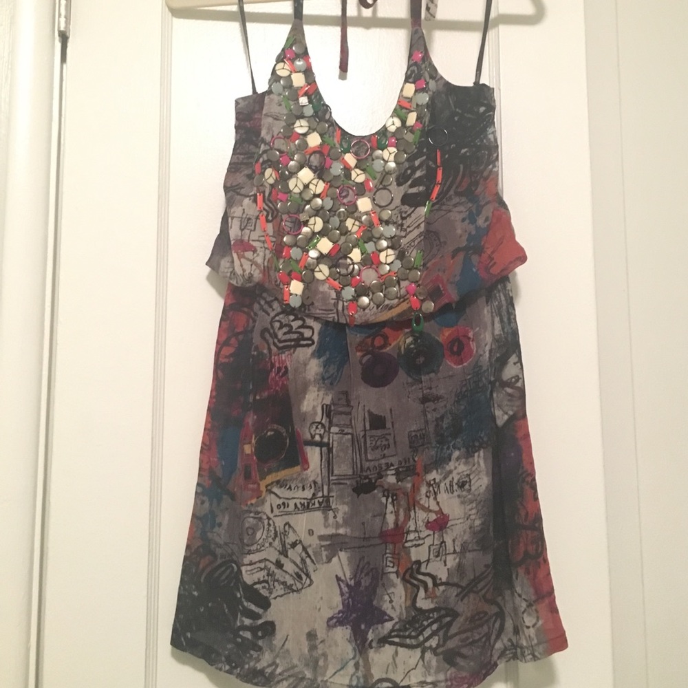 'Black' graffiti print charm embellished dress