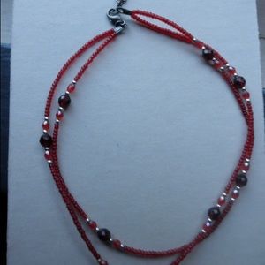 Vintage Double-Strand Red/Silver Beaded Necklace