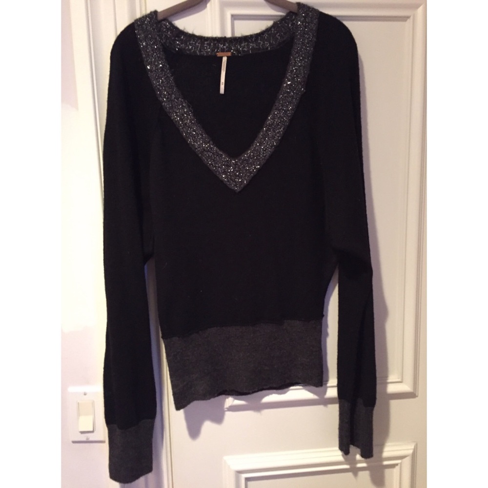Black Deep V-neck Sweater with Sequin Trim