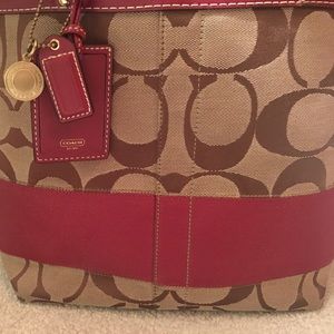 COACH Signature Stripe Khaki/Red Reversible Tote