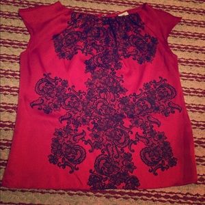 Silky red & black cap sleeve blouse