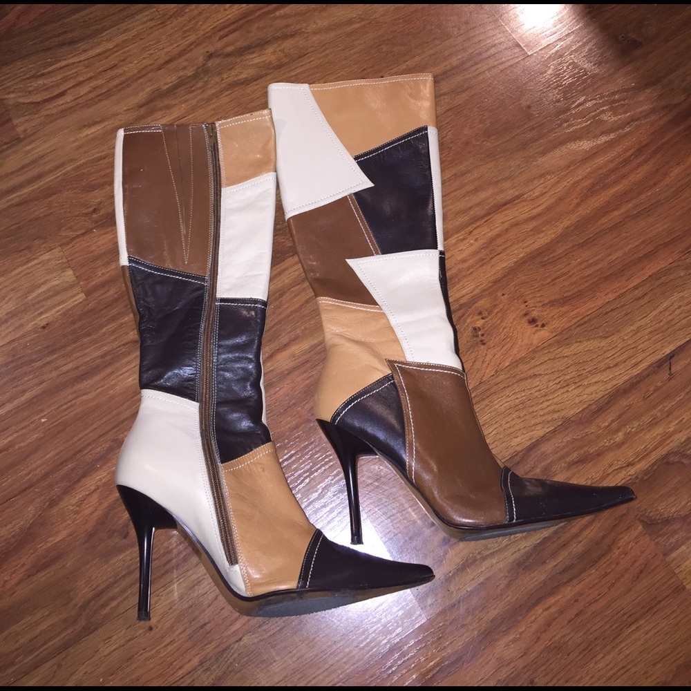 Bakers knee high patched boots size 7, 4" heel