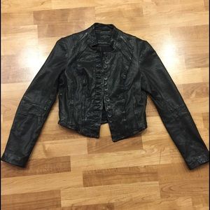 All Saints cropped distressed leather jacket