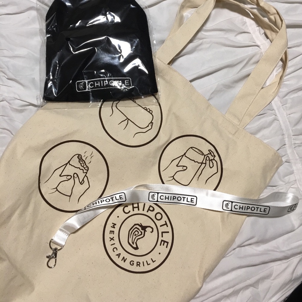 Chipotle tote bag, black skully, key chain.