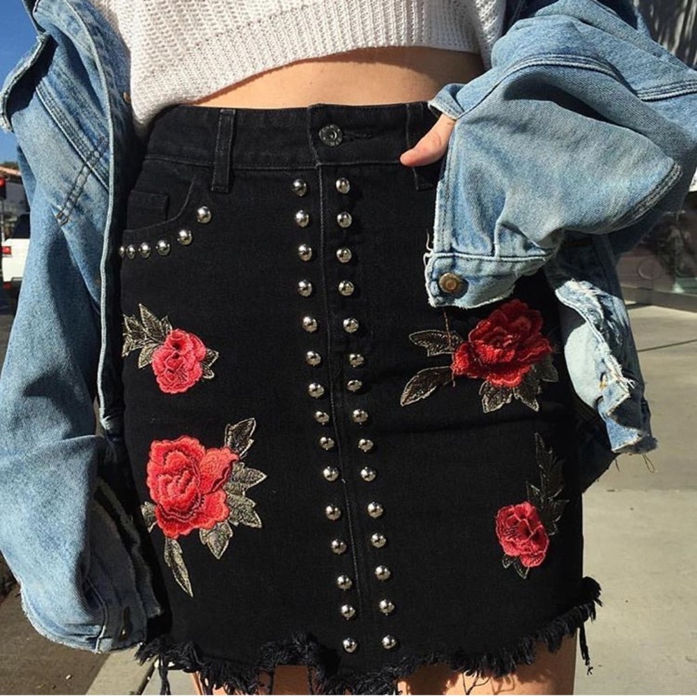 LF Denim Rose Studded Skirt