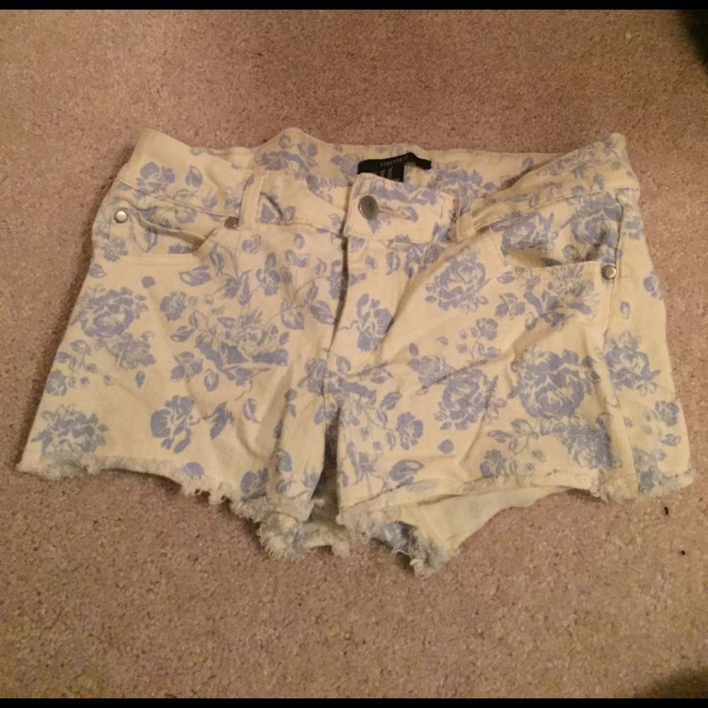 White and blue floral shorts