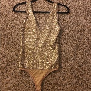 Gold sequence bodysuit with back plunge
