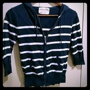 3/4 sleeve striped hooded zip up