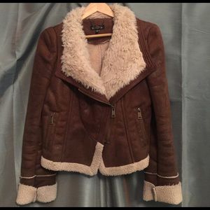 Bebe faux brown leather & fur jacket, size M