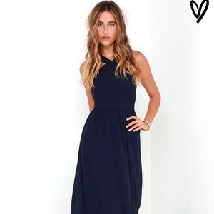 Lulu's air of romance navy blue maxi dress
