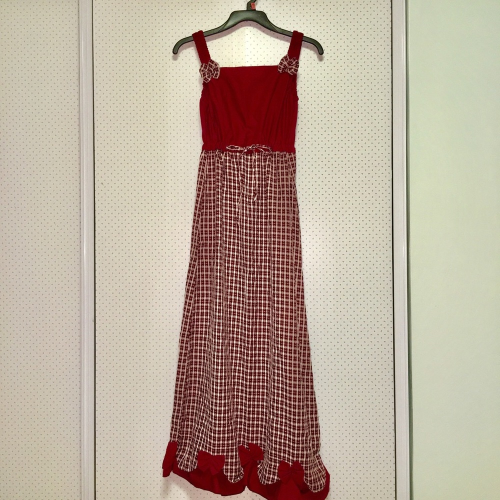 Long red bows accent spaghetti strap dress
