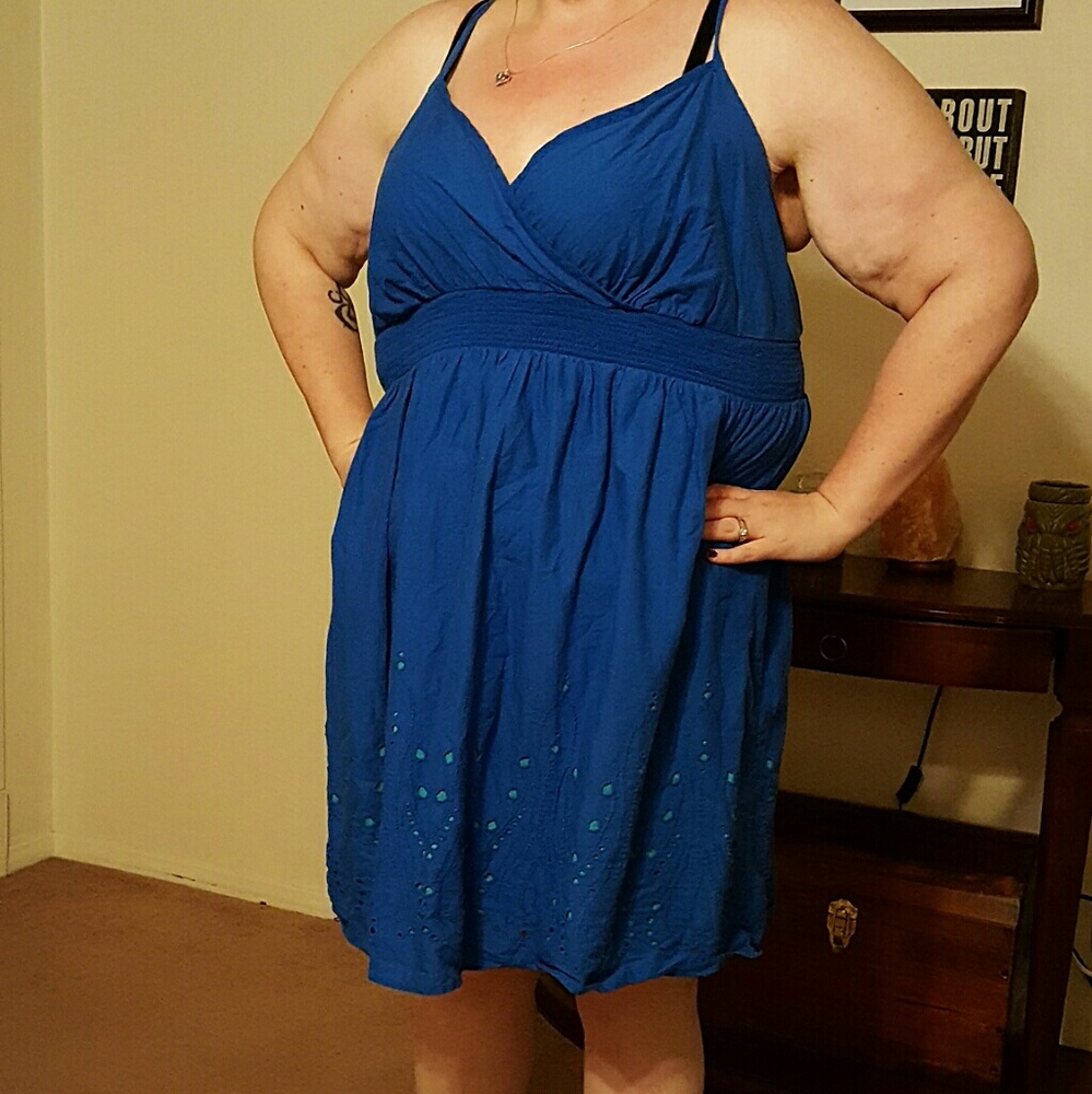 Blue cotton dress with eyelet details