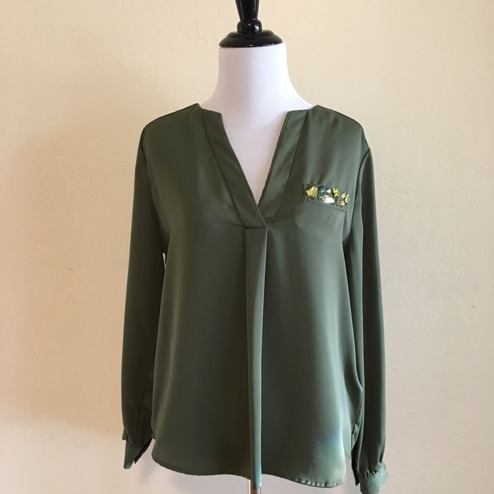SALE! Olive green blouse with rhinestone pocket