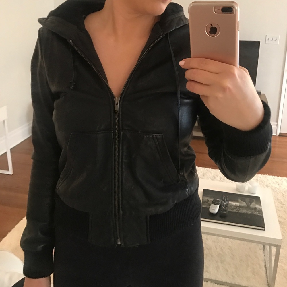 Leather Bomber with Hood