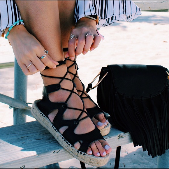 •LAST ONE//Ibiza Leather Black Tie Up Espadrilles• - Picture 2 of 4