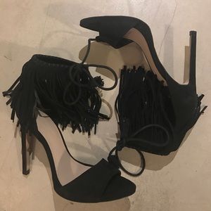 Zara black lace up fringe heels