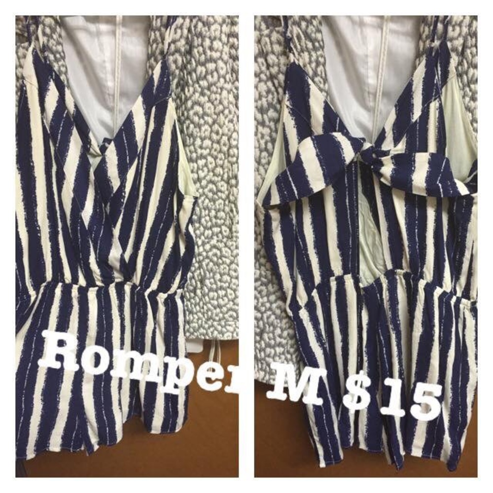 SOLD Botique Romper Blue Tan Sz M Bow ti