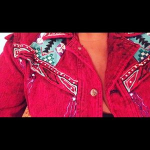 Vintage Distressed Red Denim Tribal Jacket