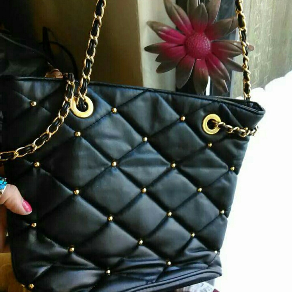 Black quilted with gold beads crossbody purse