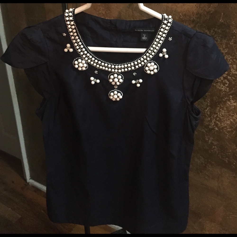 Navy Blue silk shirt with white beaded neckline.