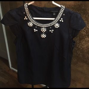 Navy Blue silk shirt with white beaded neckline.