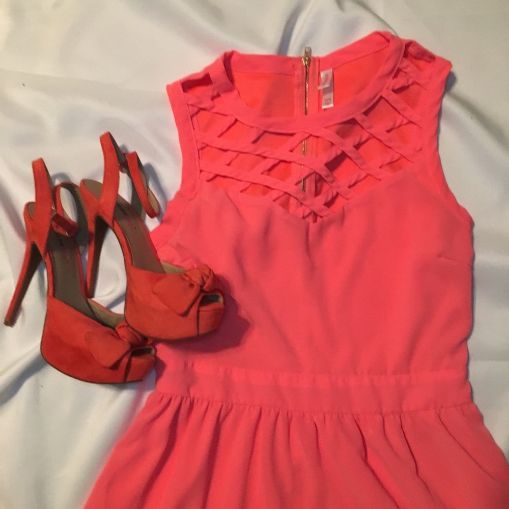 Electric Coral Cage Neck Dress