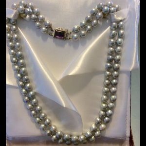 Blue Pearls, Dbl Strand, 18k Wht Gold Amethyst Cl