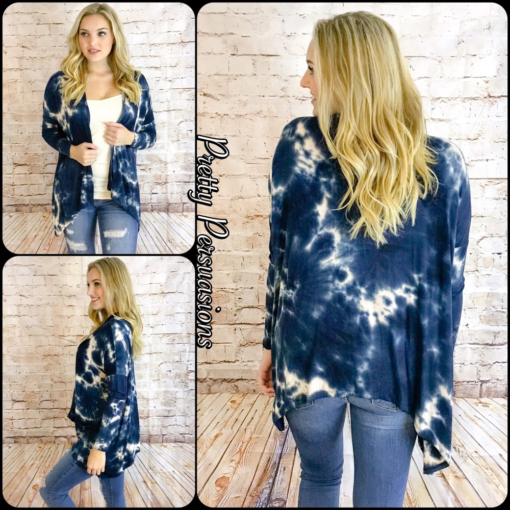Navy Blue & White Tie Dyed Draped Jersey Cardigan - Picture 3 of 4