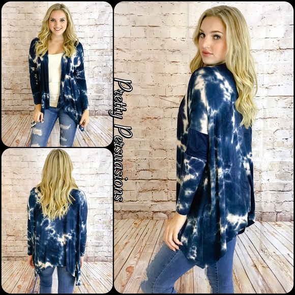 Navy Blue & White Tie Dyed Draped Jersey Cardigan - Picture 2 of 4