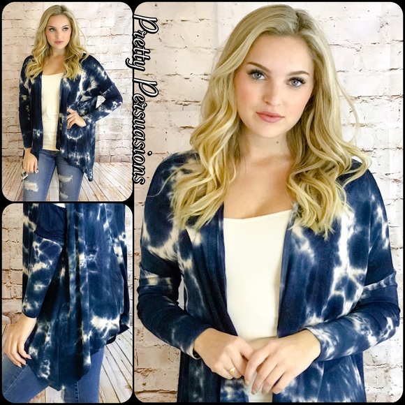 Navy Blue & White Tie Dyed Draped Jersey Cardigan - Picture 4 of 4
