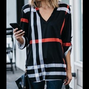 V neck 3/4 sleeves plaid tunic