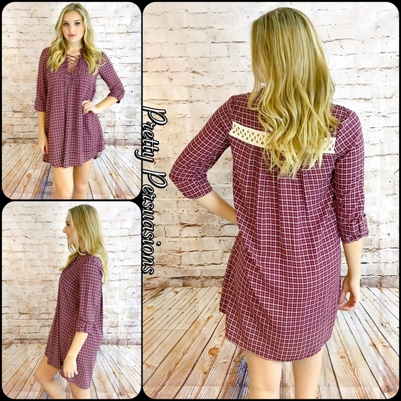 SOLD NWT Burgundy Plaid Lace Up Shift Dress Tunic - Picture 3 of 4