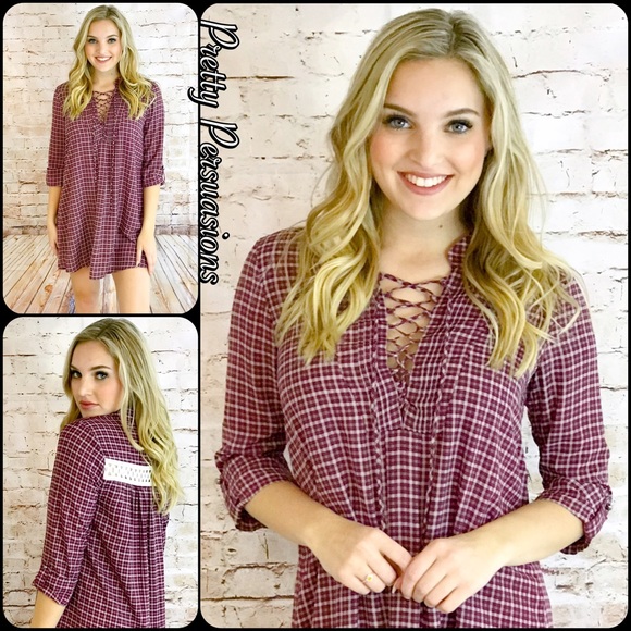 SOLD NWT Burgundy Plaid Lace Up Shift Dress Tunic - Picture 4 of 4