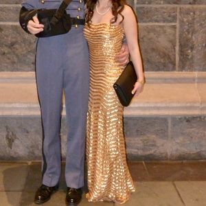 La Femme Gold Sequined Long Strapless Gown