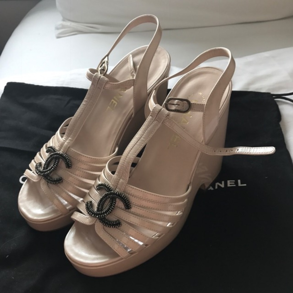 Chanel Patent Nude Leather Wedge Strappy Sandals
