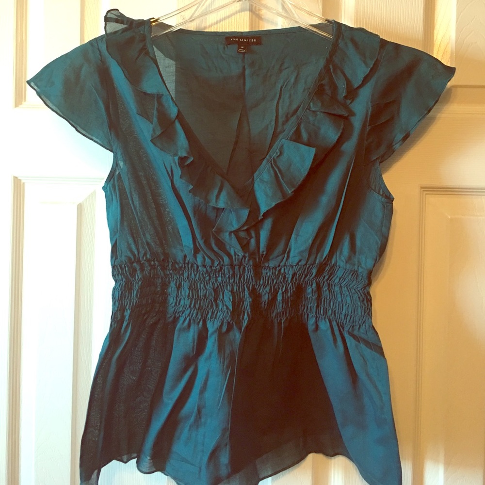 The Limited dark teal ruffle trim top