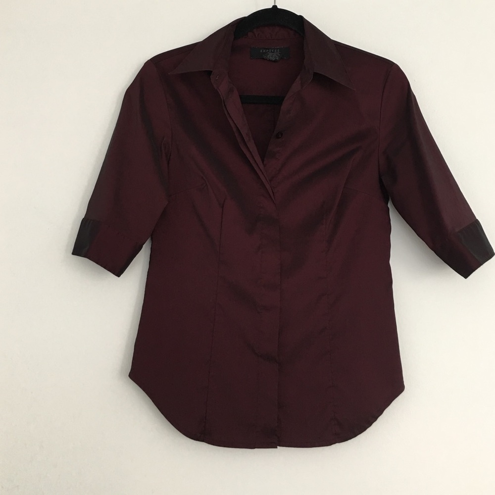 Express burgundy shimmer shirt w/ hidden buttons