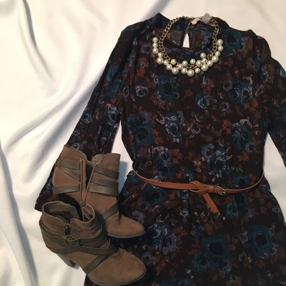 Brown & Blue Floral Print Dress