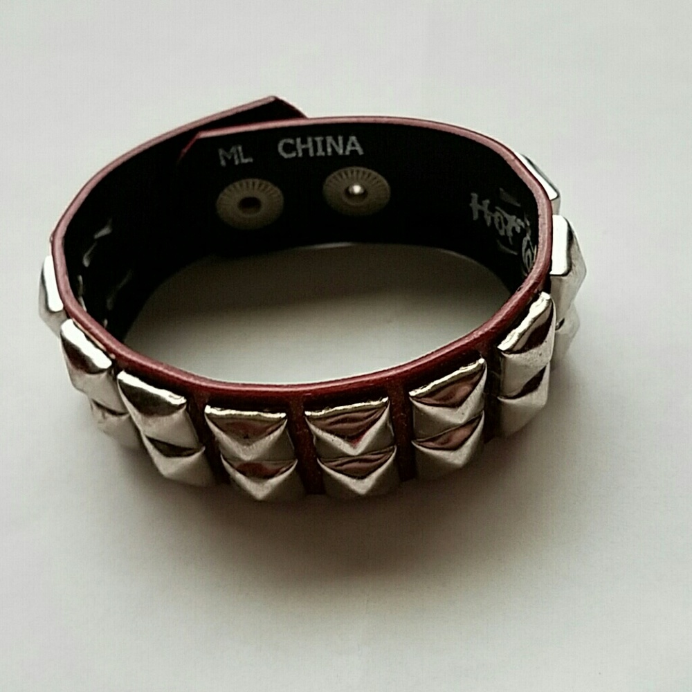 Red faux leather studded snap bracelet