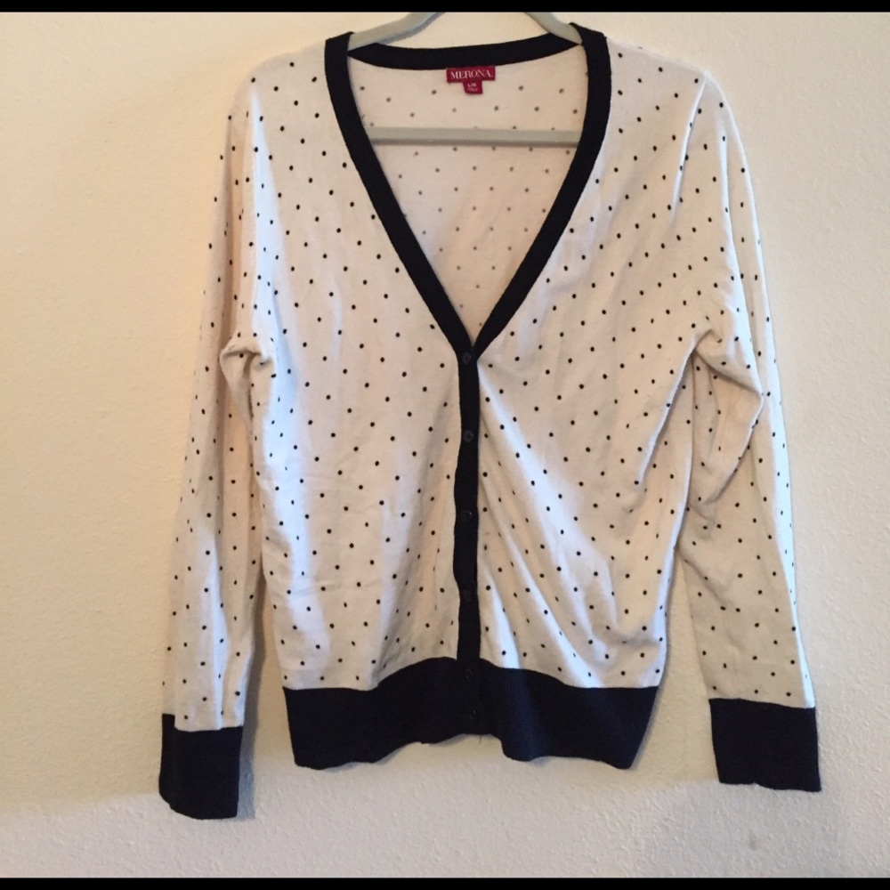 White with black polka-dot cardigan